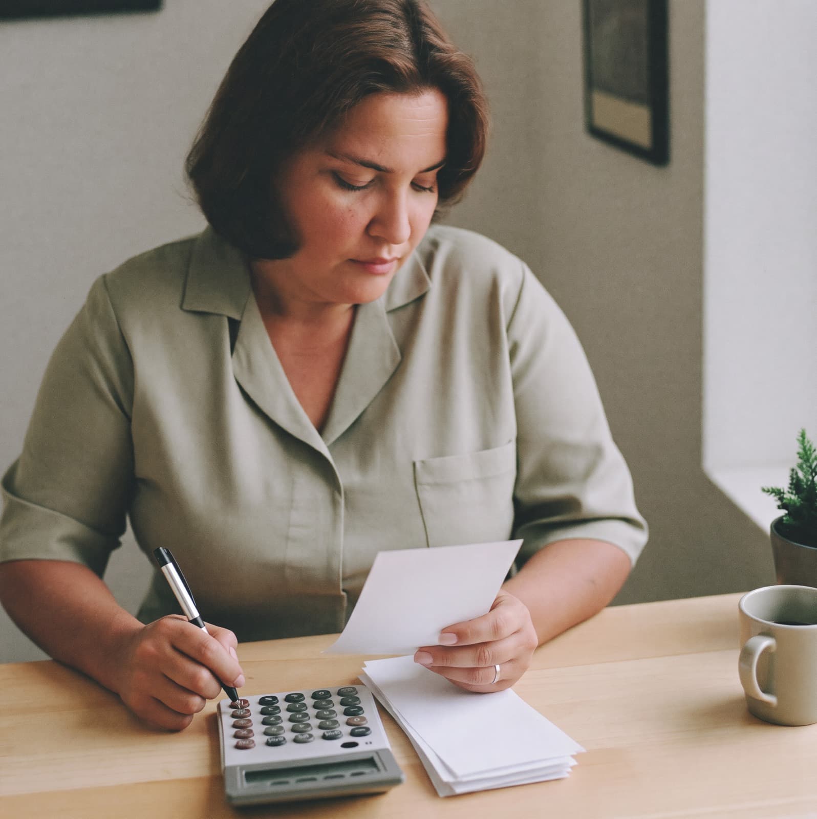 Una auxiliar contable revisa unos recibos con una calculadora.