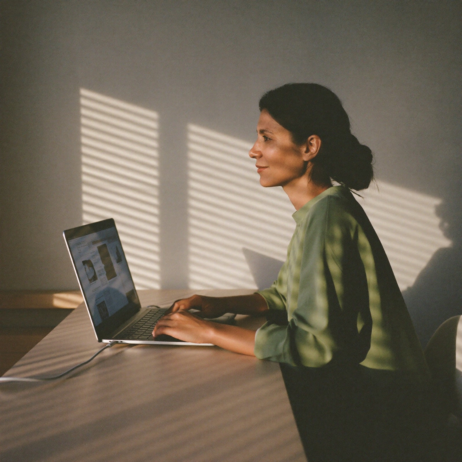 Una mujer revisa candidatos en su laptop, con la luz de la tarde entre las persianas.